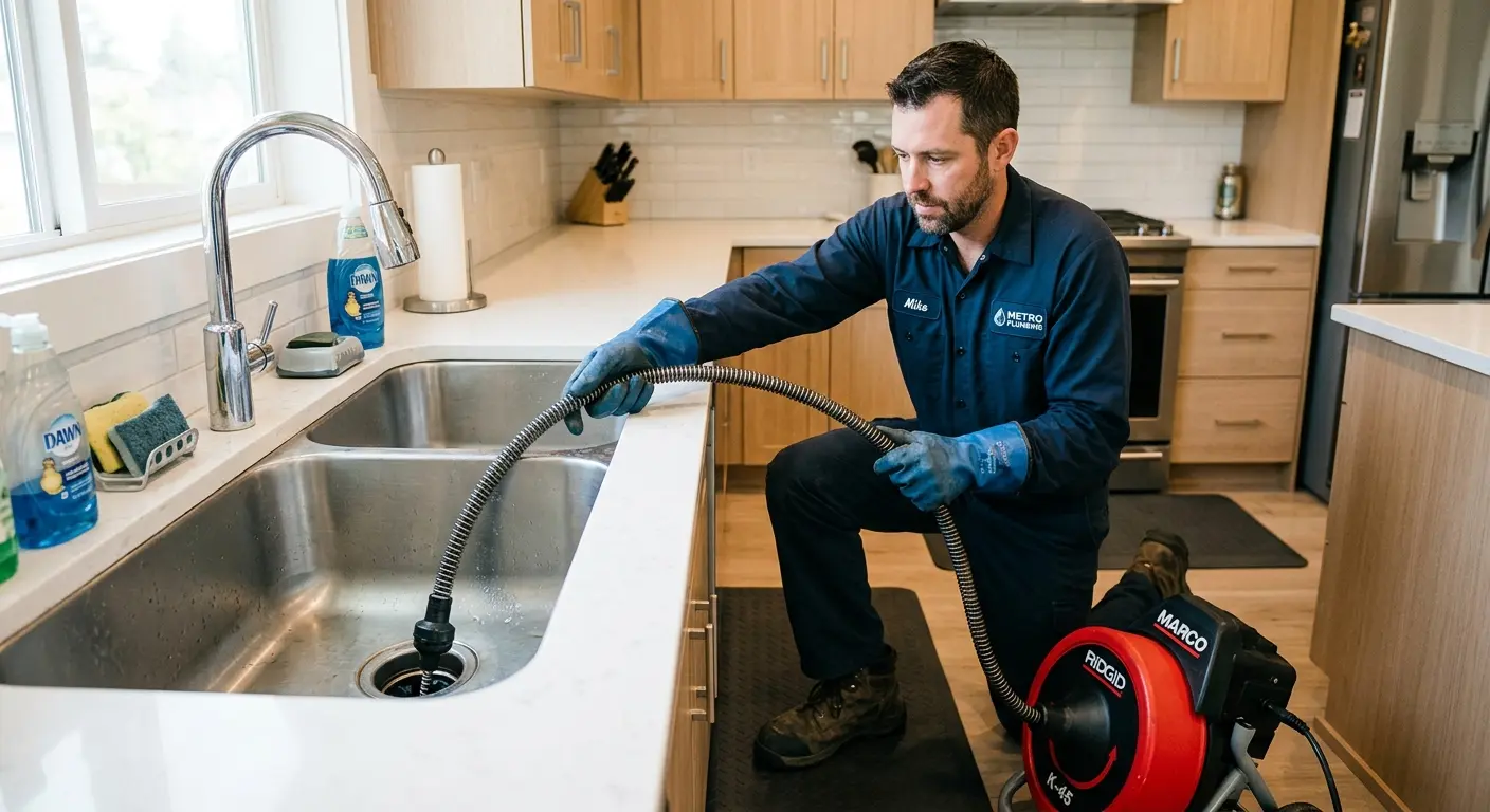 Drain cleaning technician using a motorized snake on a kitchen sink in Fairview Shores