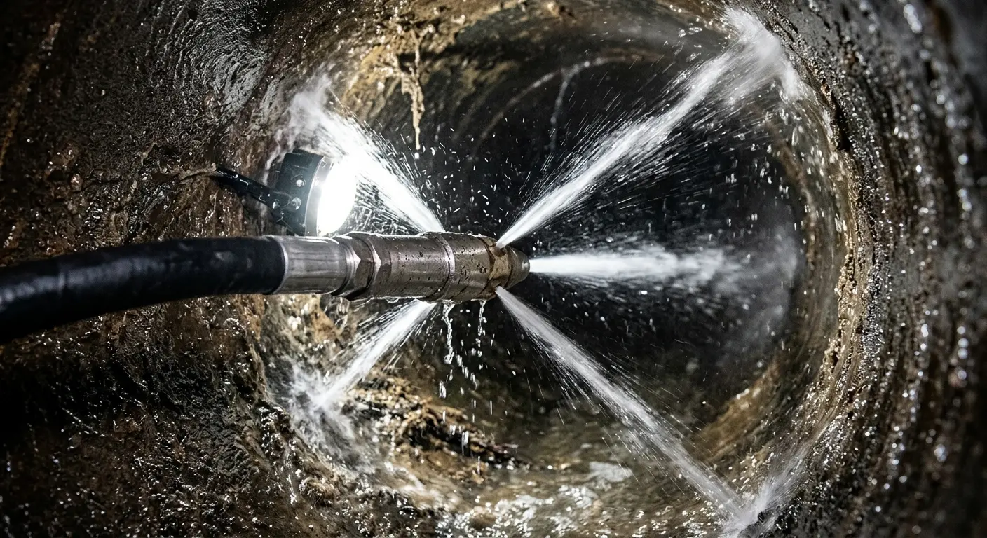 High-pressure hydro jetting nozzle cleaning sewer pipe for Emergency Drain Service in Fairview Shores