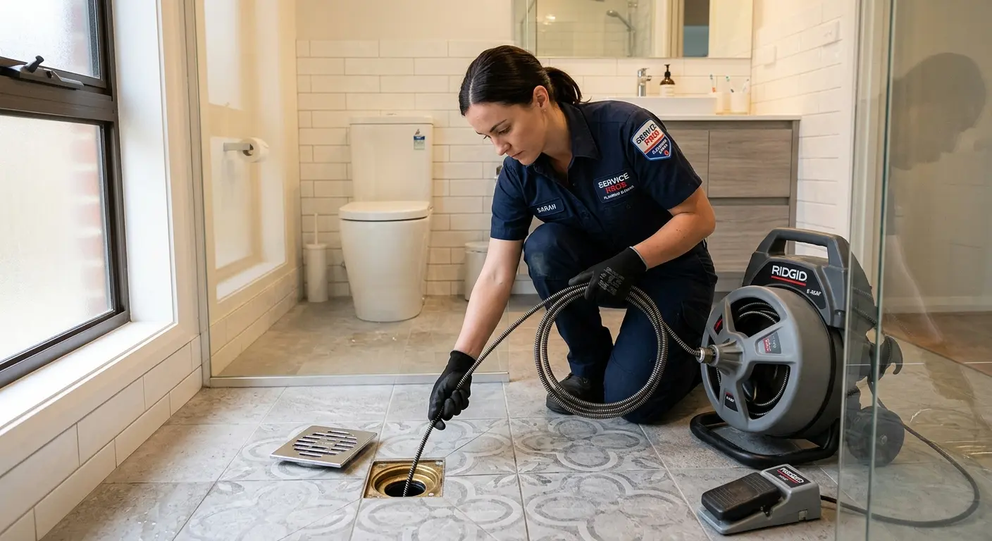 Technician clearing a bathroom floor drain for Sewer Line Installation in Fairview Shores